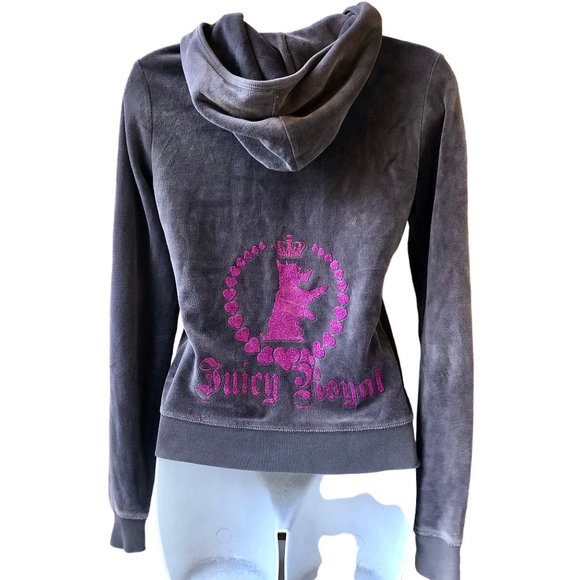 Juicy Couture Velour Zip Gray Hoodie Jacket Y2K Logo Royal Scotty Dog - Picture 8 of 13